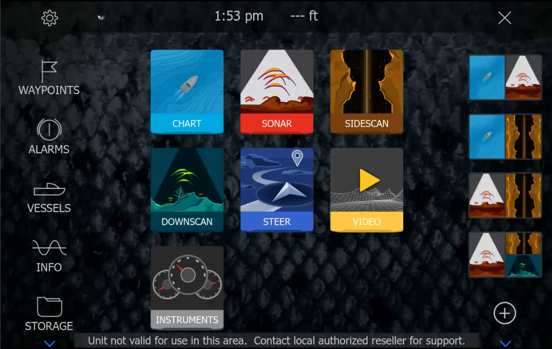 Lowrance screen displaying Unit not valid for use in this area