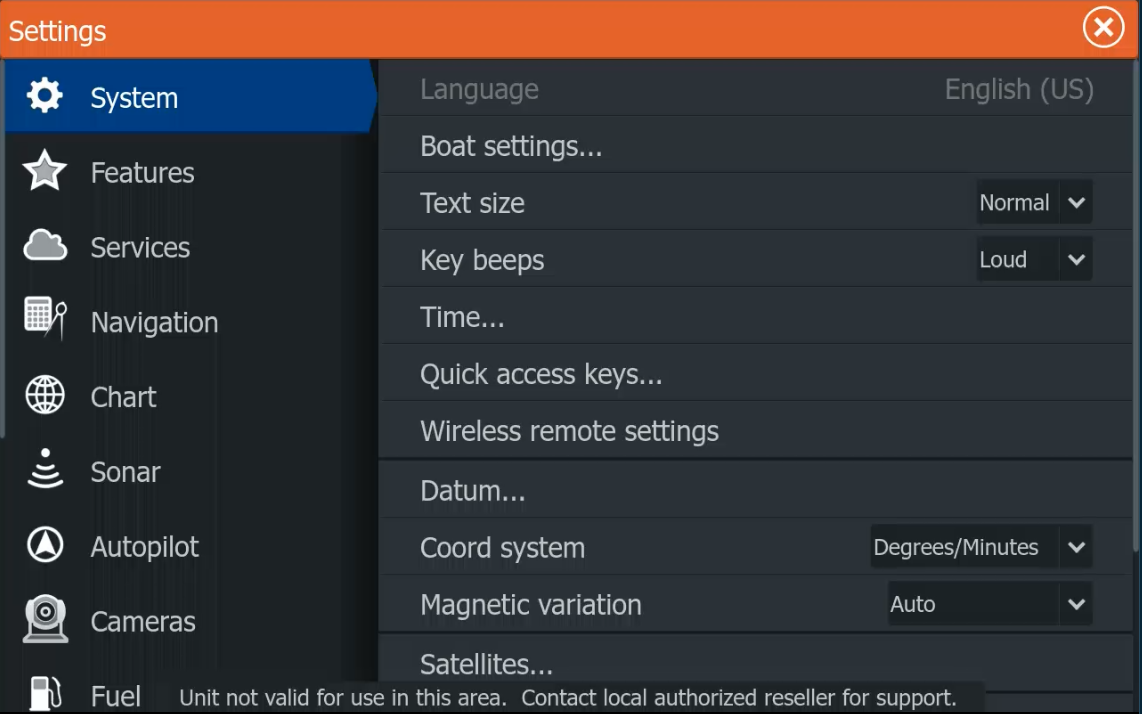 Lowrance System settings with GeoFence regional warning