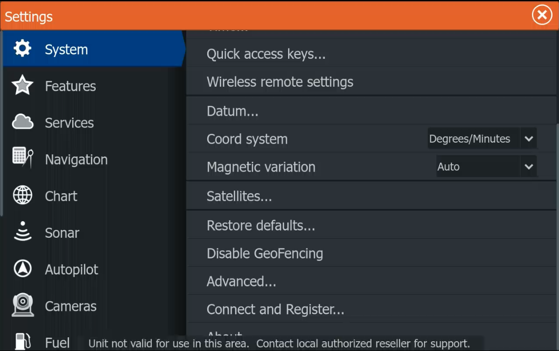 Disable GeoFencing menu item in Lowrance System settings