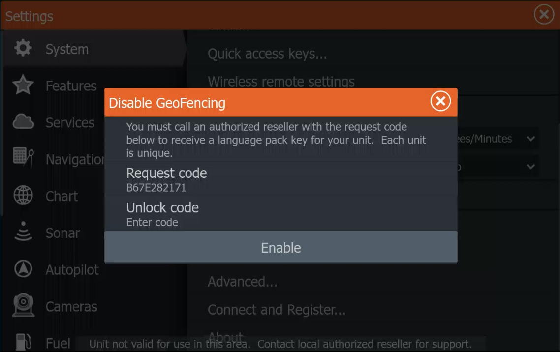 Lowrance Disable GeoFencing dialog showing Request Code
