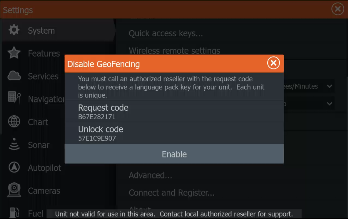 Lowrance GeoFence unlock code entered and Enable button ready
