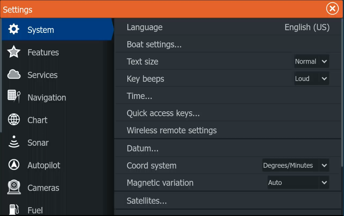 Lowrance System menu with Language set to English US