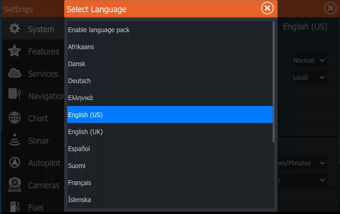 Enable language pack option in the Lowrance Select Language list