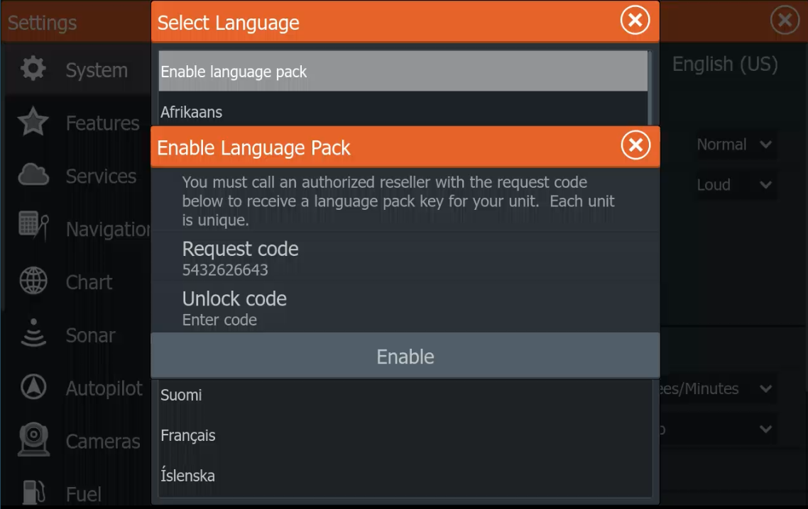 Lowrance Enable Language Pack dialog showing Request Code