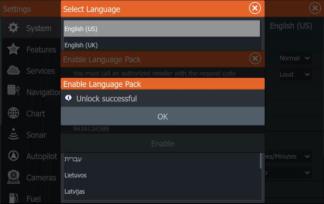 Lowrance message confirming Language Pack unlock successful